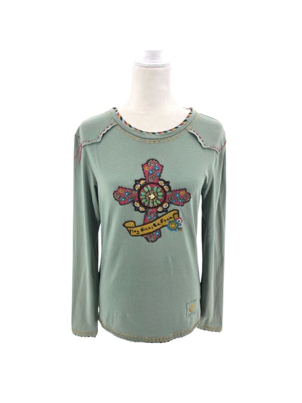 Double D Ranch Womens Small Top Play Nice Be Free Celtic Cross Beaded Stitched